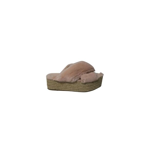 Miu Miu Crossover Staps Platform Sandals in Pink Faux Fur